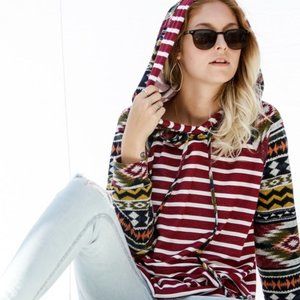 Tribal Aztec Print Double Hoodie Top Shirt Stripes